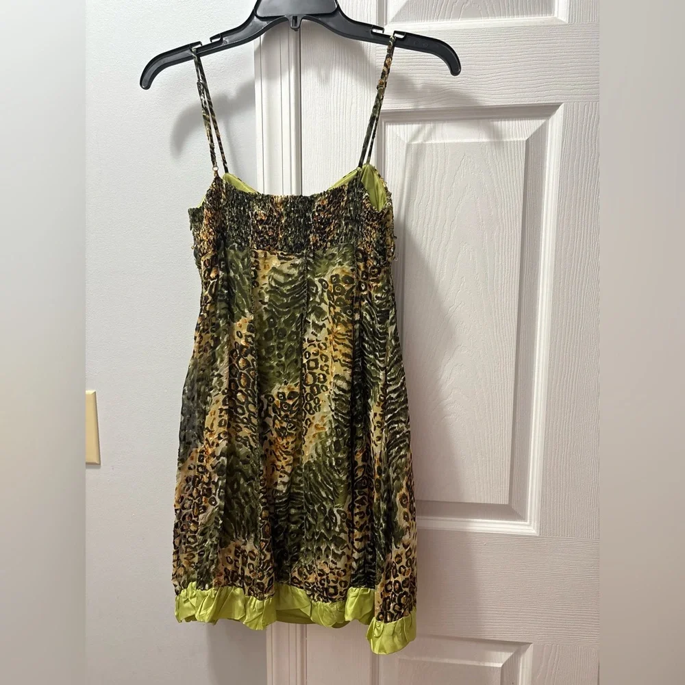 Sue Wong Vintage Y2K Silk Leopard Print Green Mini Dress Beaded Details Size 2 - Picture 2 of 4